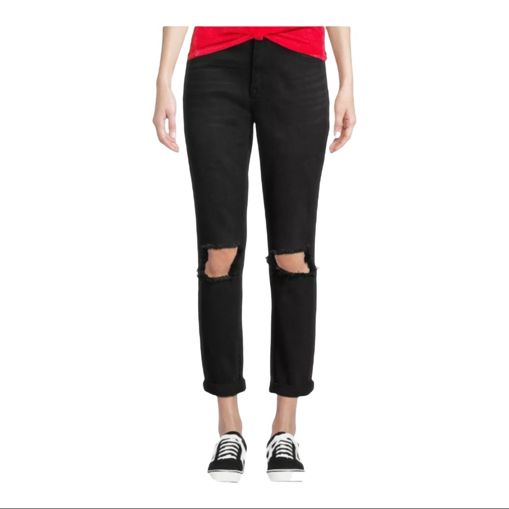 New No Boundaries Juniors Super High Rise Destructed Mom Jeans Size 7 Black NWT